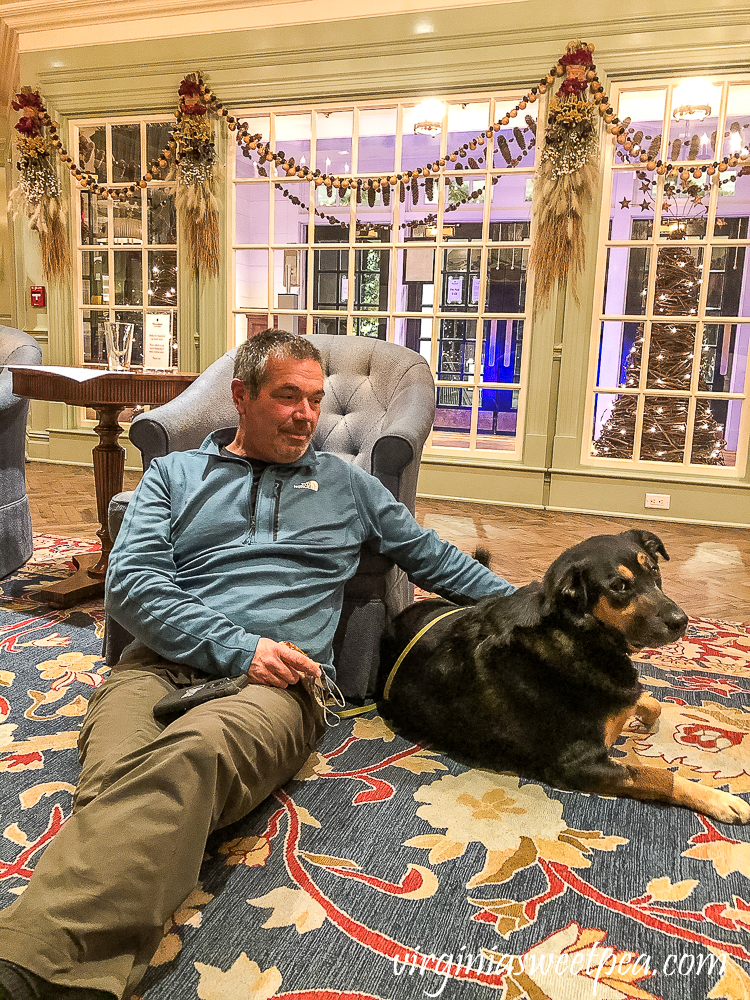 Sherman and David Skulina relaxing in the lobby of the Woodstock Inn in Woodstock, Vermont