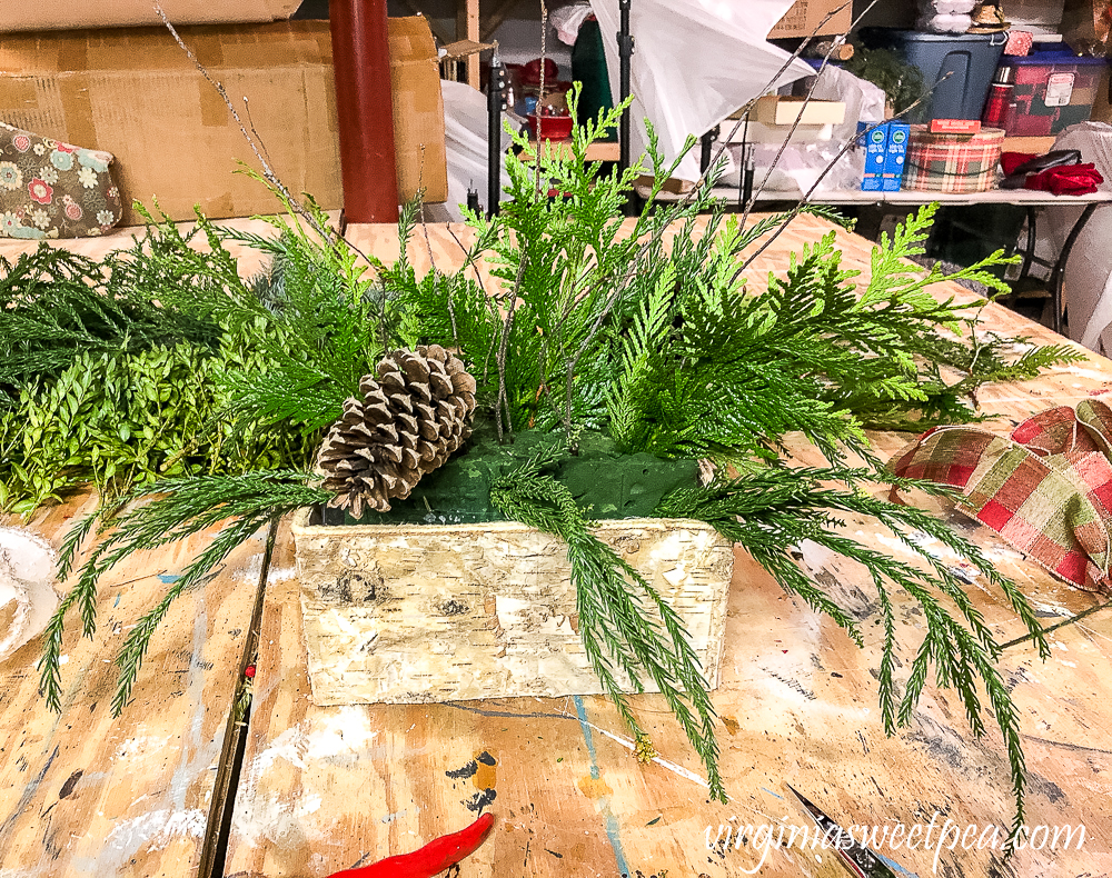 Greenery in a birch bark container