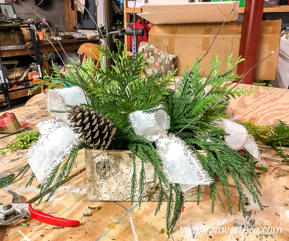 Greenery, pinecones, twigs, in a birch bark floral container