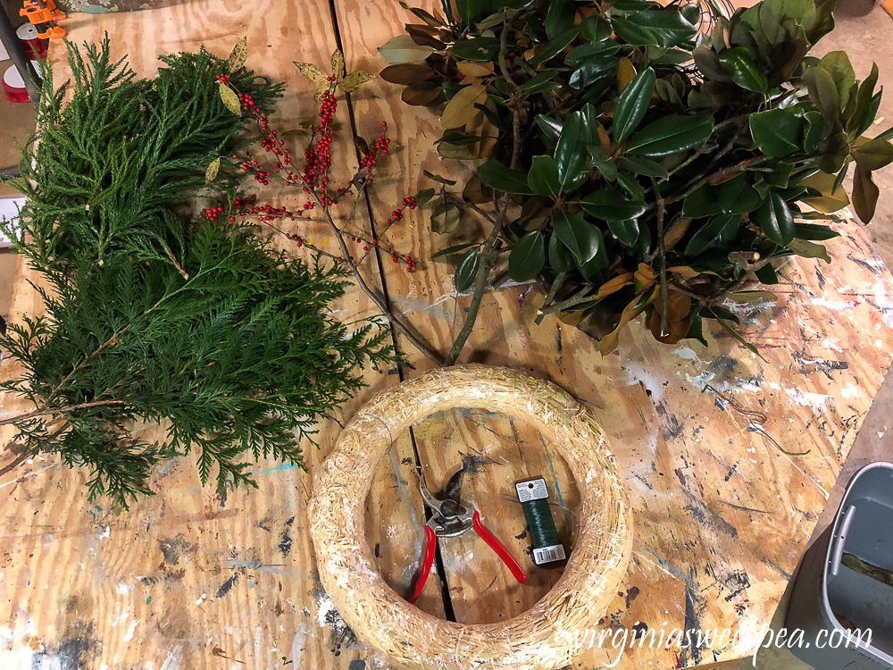 Supplies to make a Chrismas Magnolia wreath