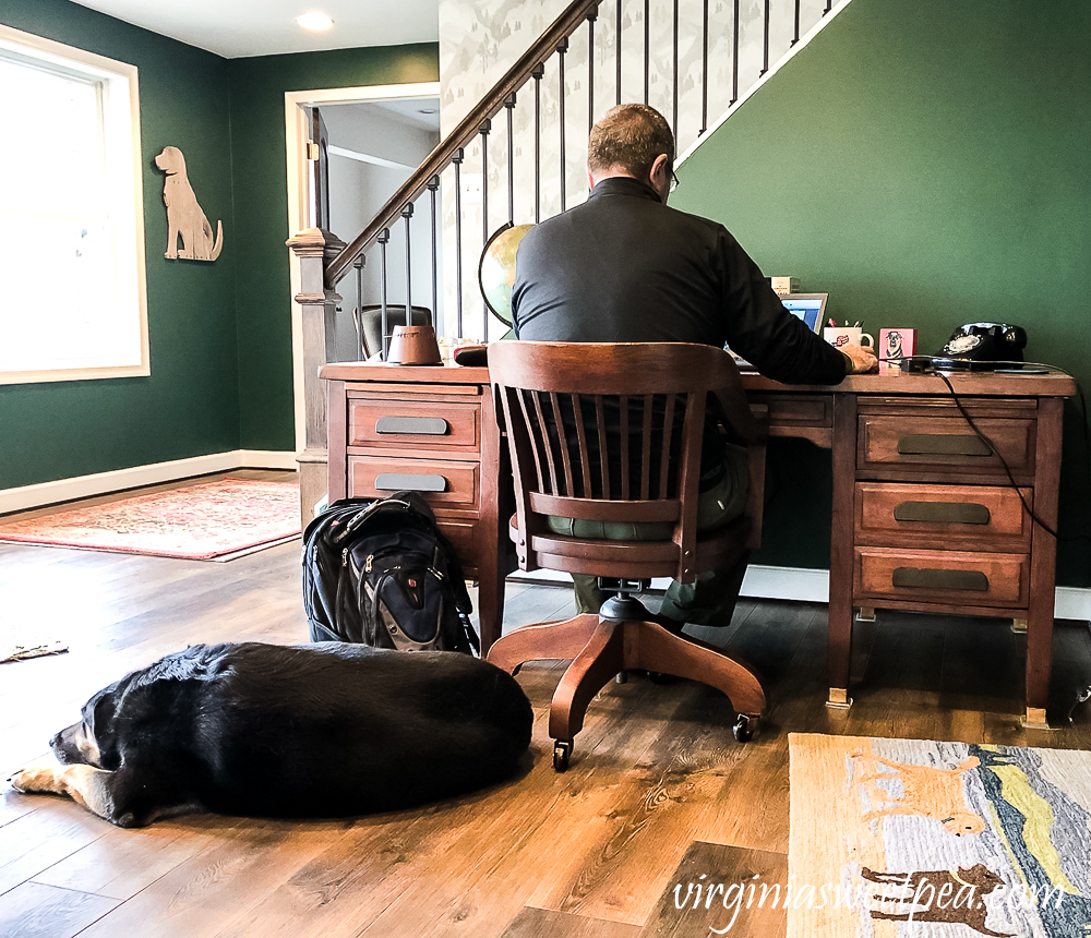 Man working at a vintage office desk with a dog on the floor beside him