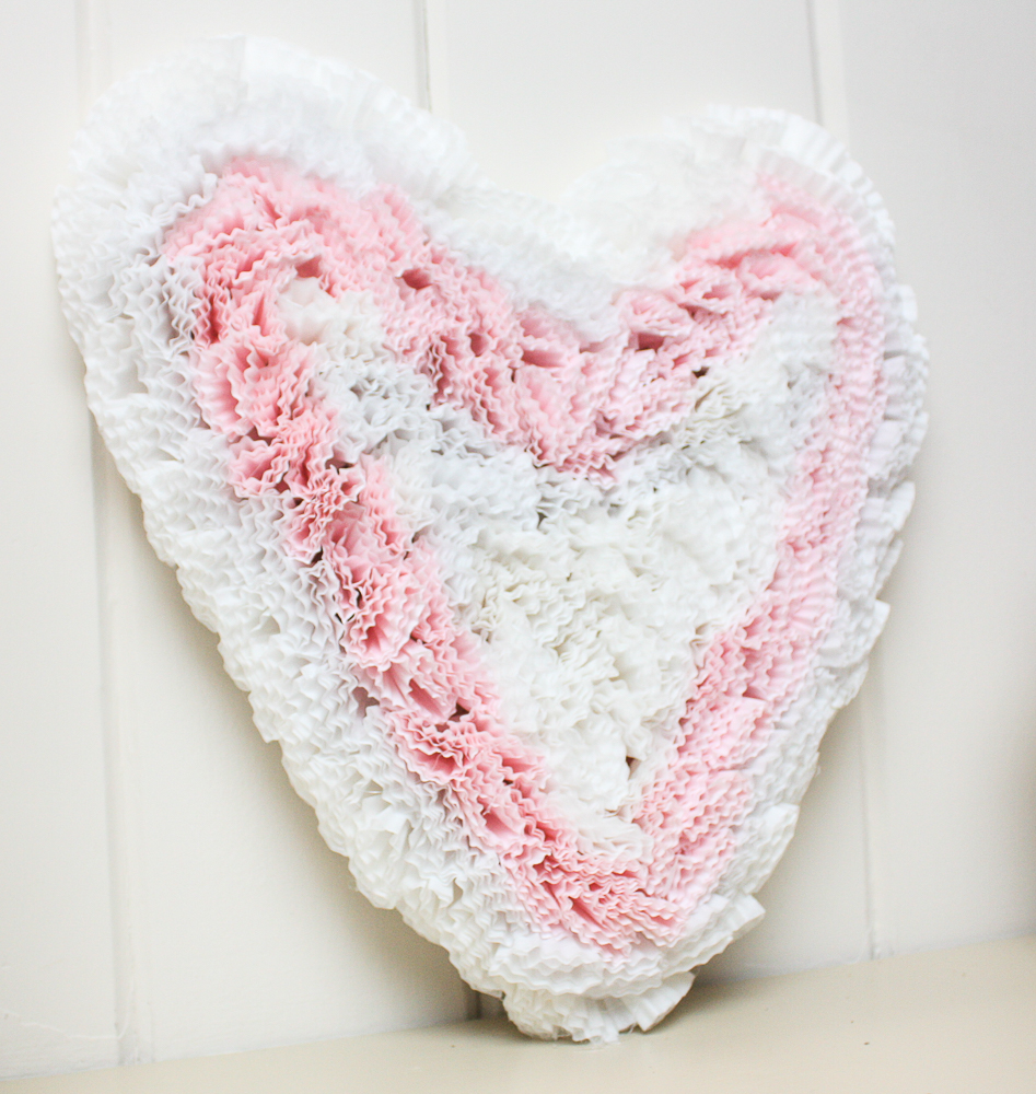 Valentine's Day heart decor made with pink and white cupcake liners.