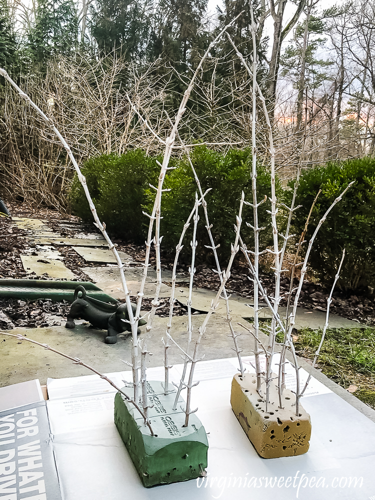 Branches stuck in floral foam spray painted white