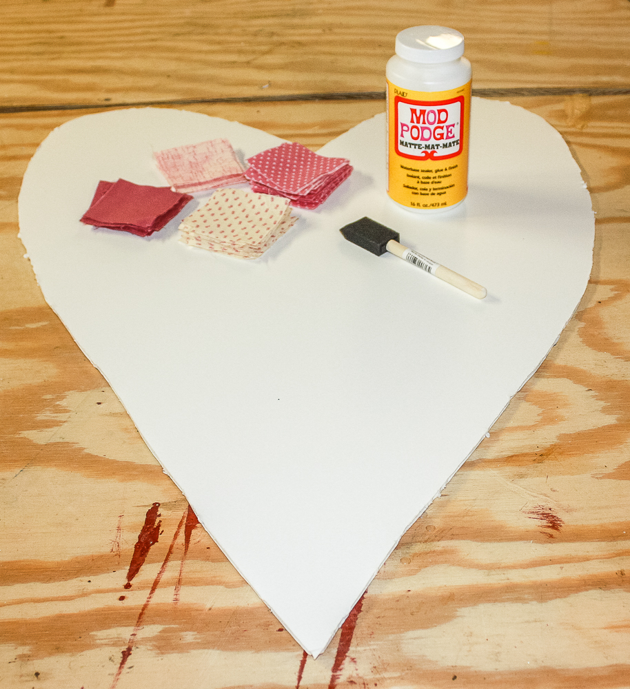 Foam core heart with fabric squares and Mod Podge