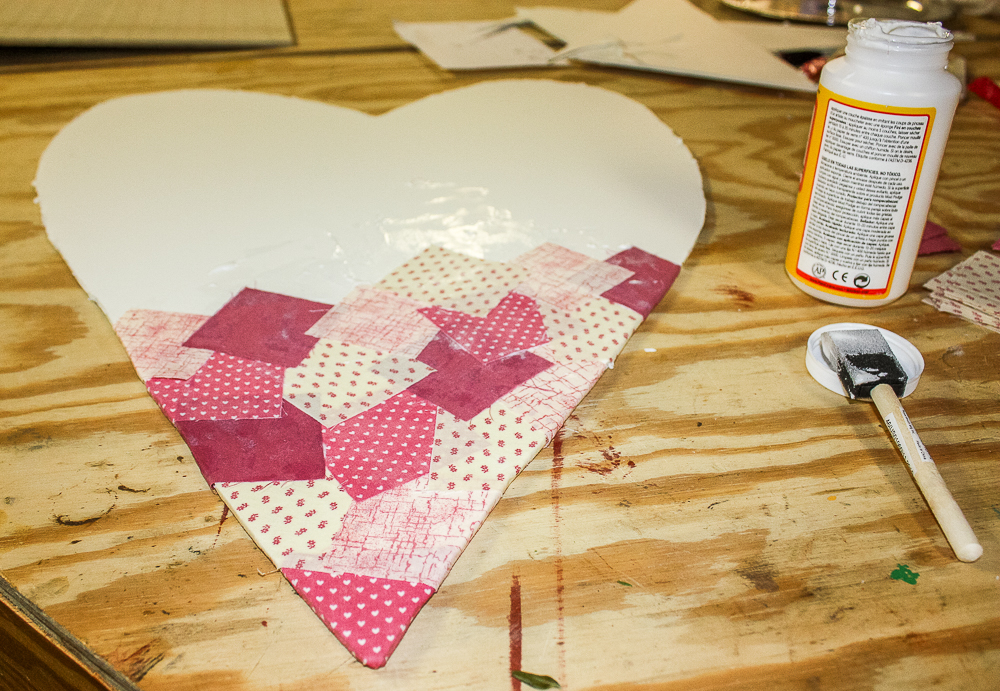 2.5" fabric squares Mod Podged to a foam core heart.