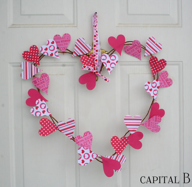 Valentine's Day Wreath crafted from wire and scrapbook paper hearts.