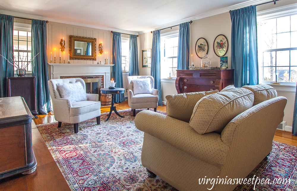 Formal living room decorated for winter