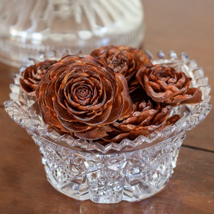 Deodar Cedar cones in a cut glass bowl