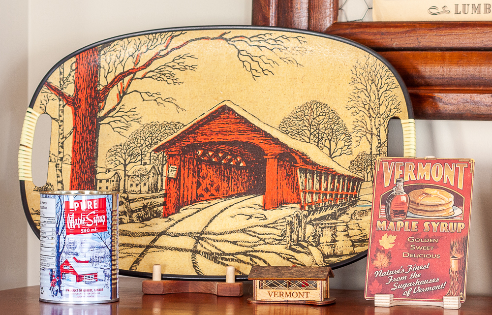 Vintage covered bridge tray, Vermont covered bridge Christmas ornament, and Vermont maple syrup postcard.