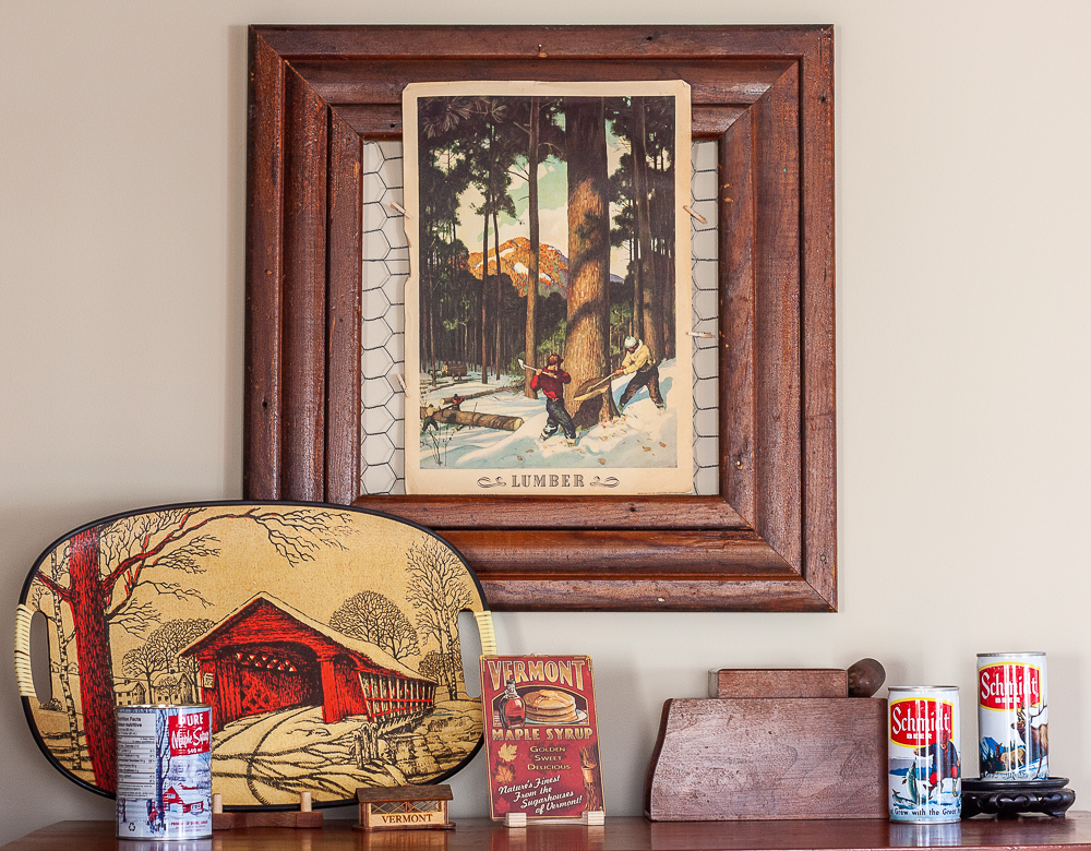 1940 Coca-Cola lumber poster, vintage covered bridge tray, vintage wood tobacco and pipe box, 1970s Schmidt beer cans