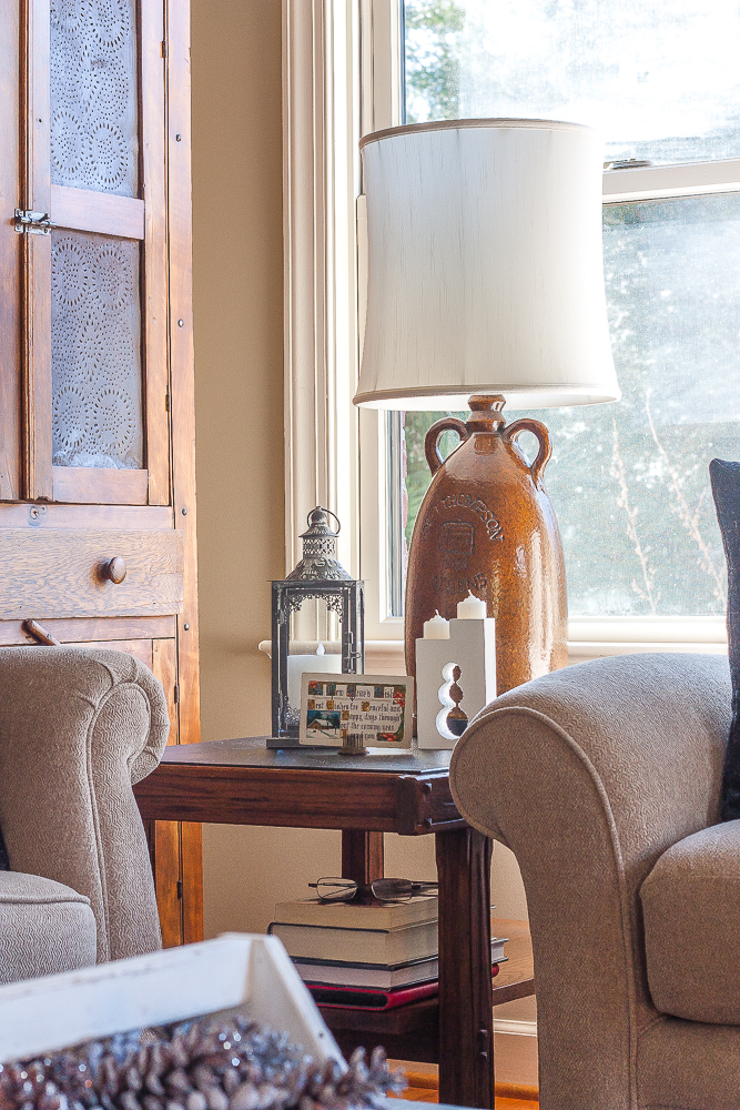 1960s end table and lamp decorated for winter