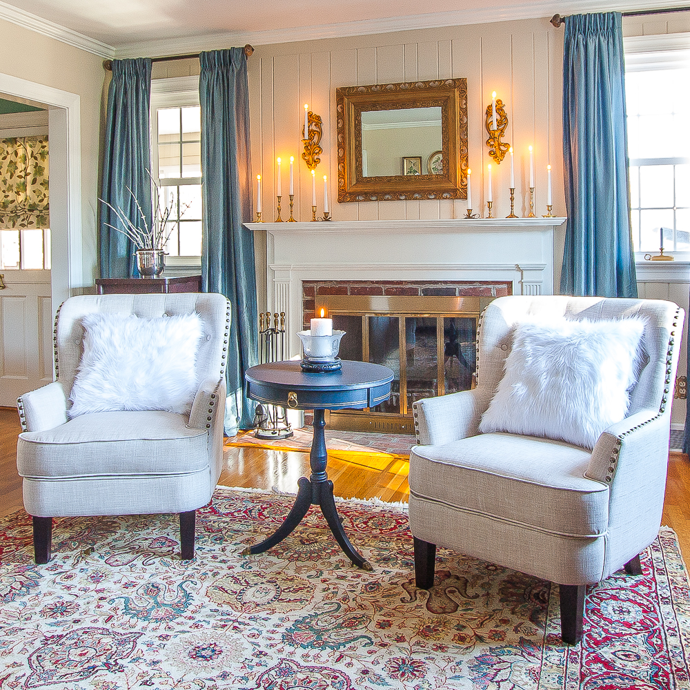 Formal living room decorated for winter