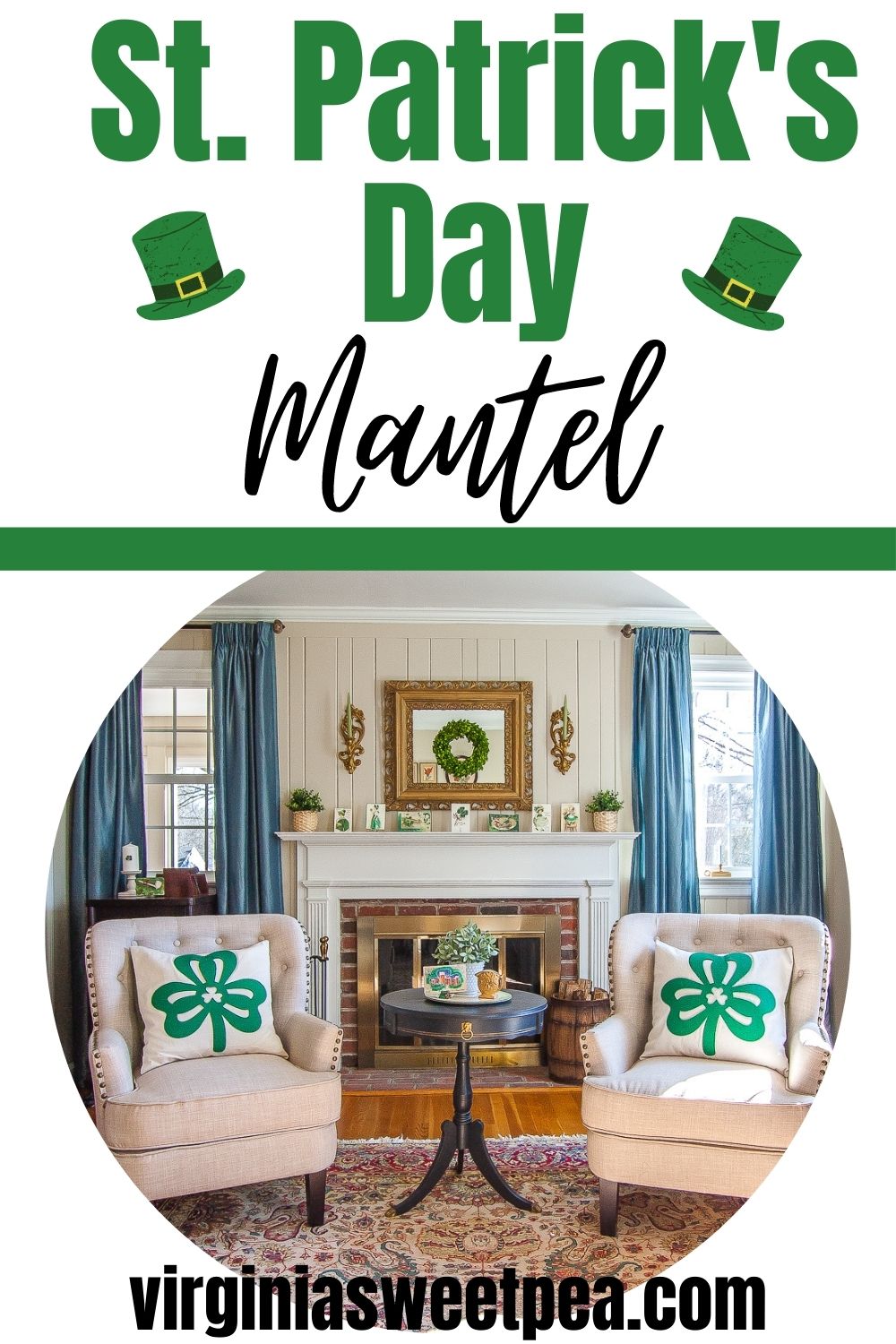 Living room mantel decorated for St. Patrick's Day