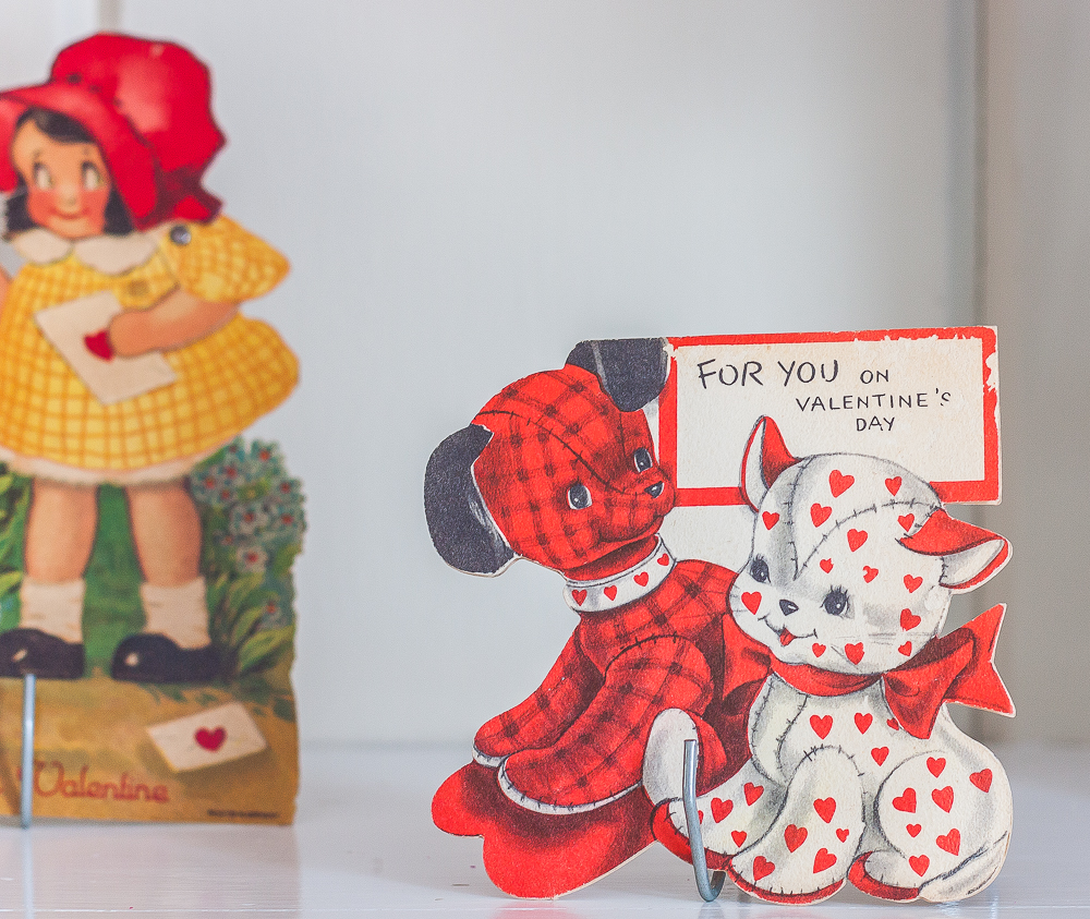 Red and white puppy and cat 1930s vintage valentine's day card with