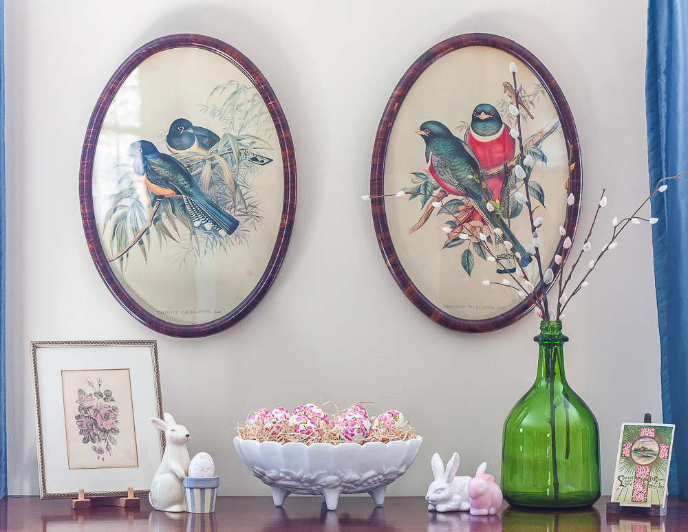 Spring and Easter decor displayed on an antique chest of drawers