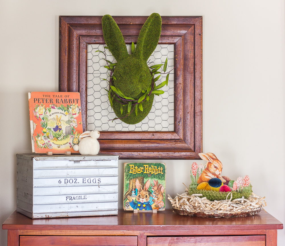 Easter display on a chest in a family room