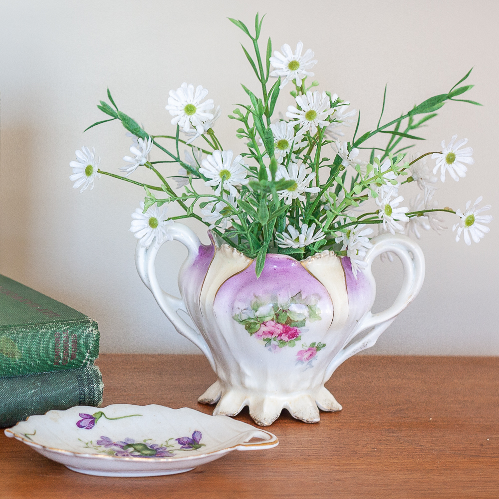 Vintage Rossetti SPRING VIOLETS Occupied Japan Leaf Dish 1945-1953 with RS Prussia sugar bowl