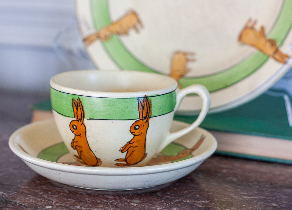 Roseville pottery 1920s juvenile rabbit cup and saucer and matching bunny plate