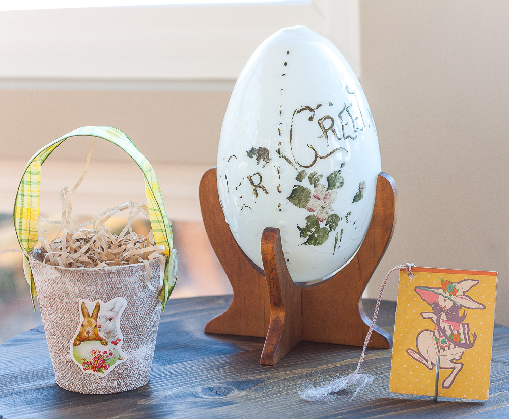 Antique Easter Greetings egg, vintage Easter rabbit bridge tally card, handmade peat pot Easter treat basket