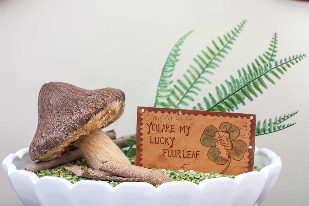 St. Patrick's Day vignette with a milk glass compote filled with split peas, ferns, a mushroom, and a vintage St. Patrick's Day postcard