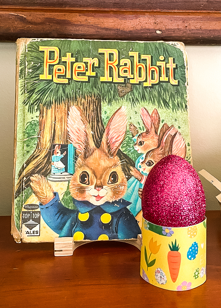 1961 Peter Rabbit book with glittered egg in a paper egg holder