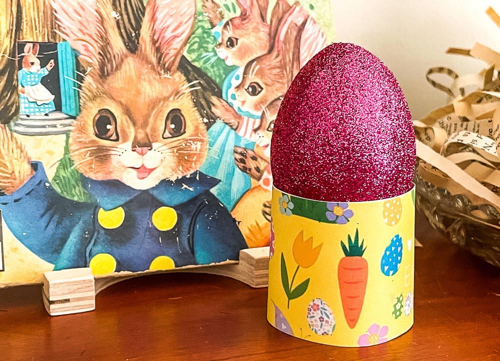 1961 Peter Rabbit book with glittered egg in a paper egg holder