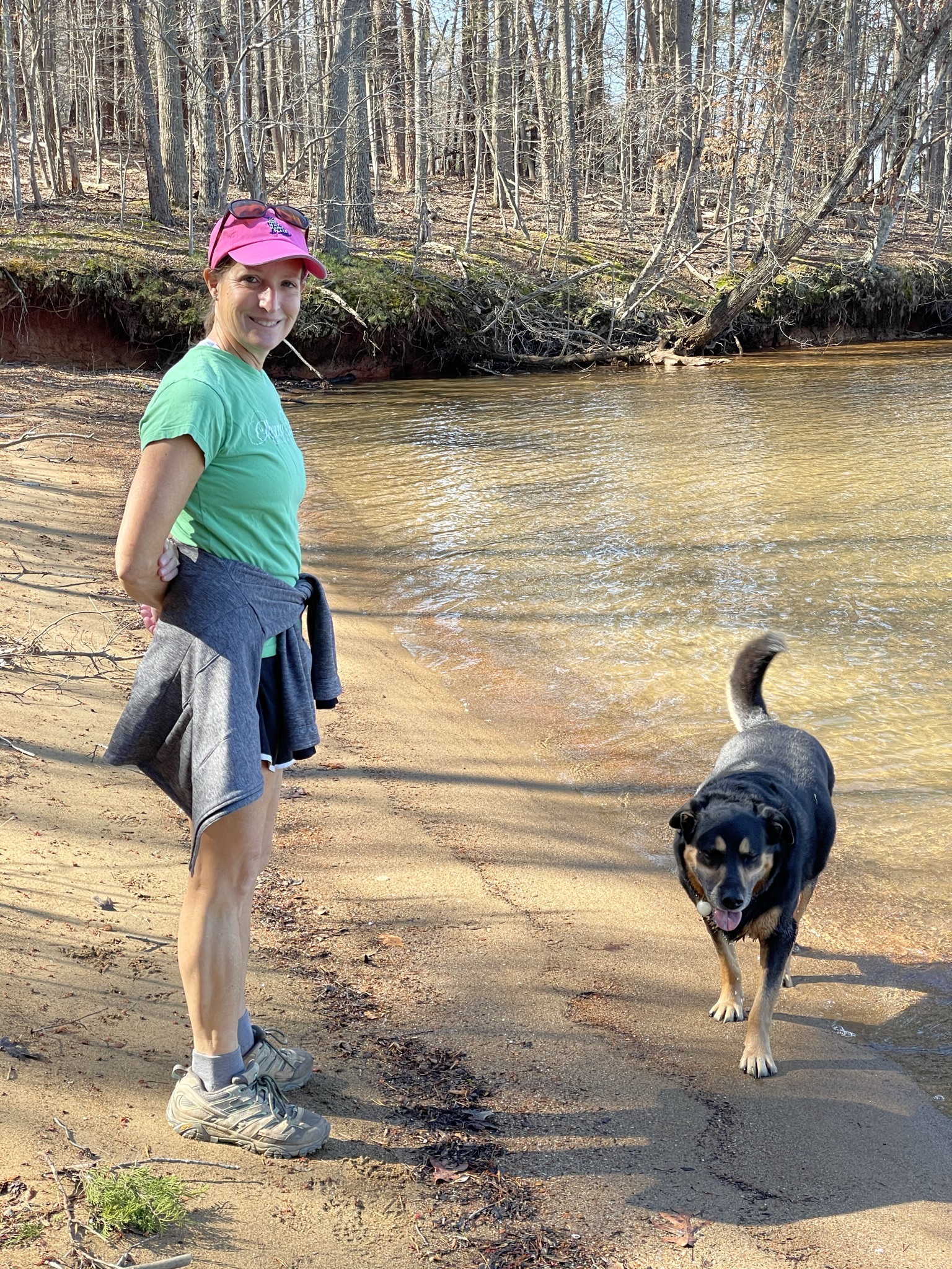 Woman and dog enjoying Smith Mountain Lake State Park in March 2021