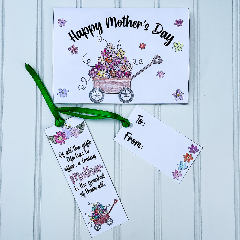 Colored free printable Mother's Day card, bookmark, gift tag