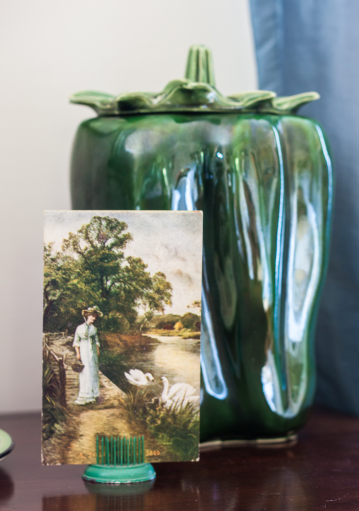 Vintage McCoy green pepper cookie jar with 1908 postcard