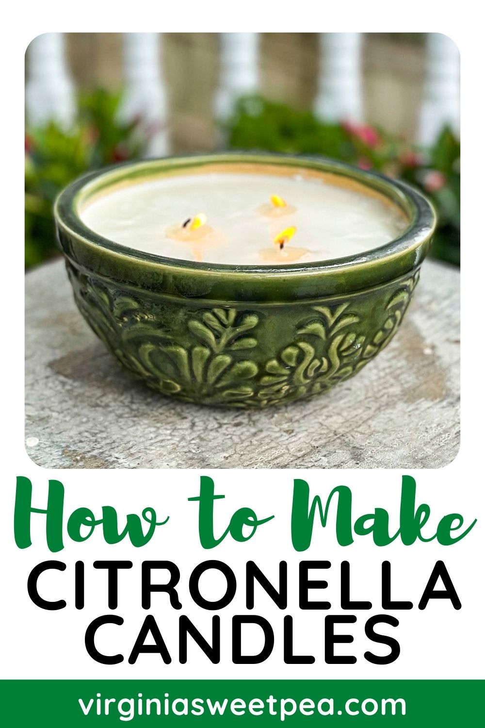Homemade Citronella candle in an upcycled floral dish garden pot