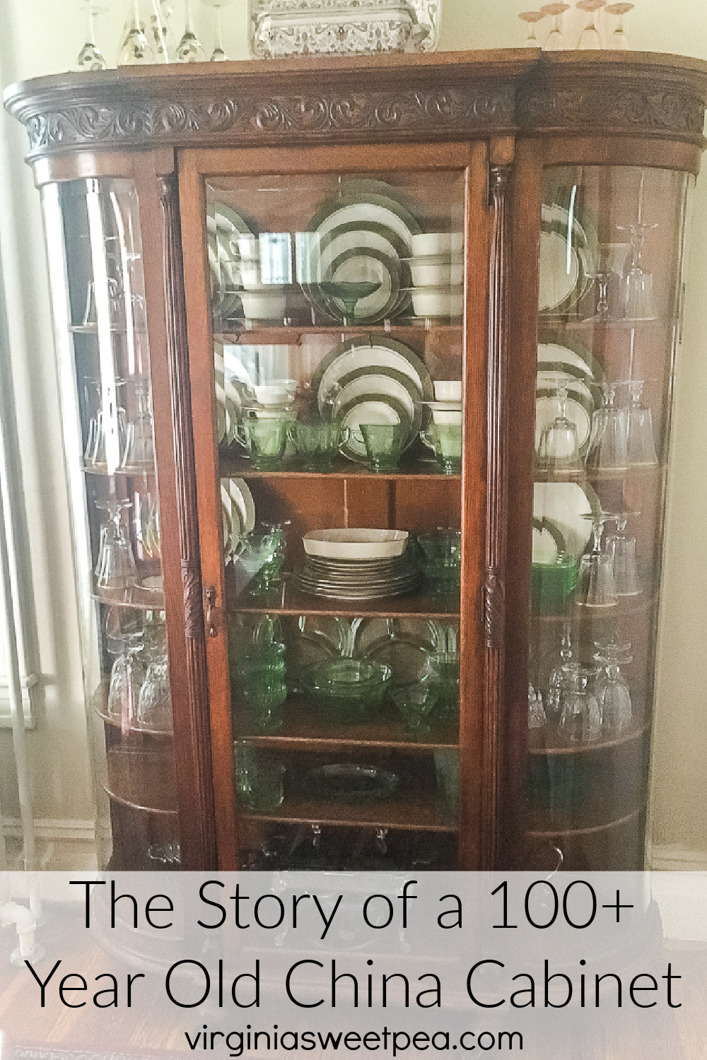 100+ year old oak china cabinet filled with green depression glass and 1968 china