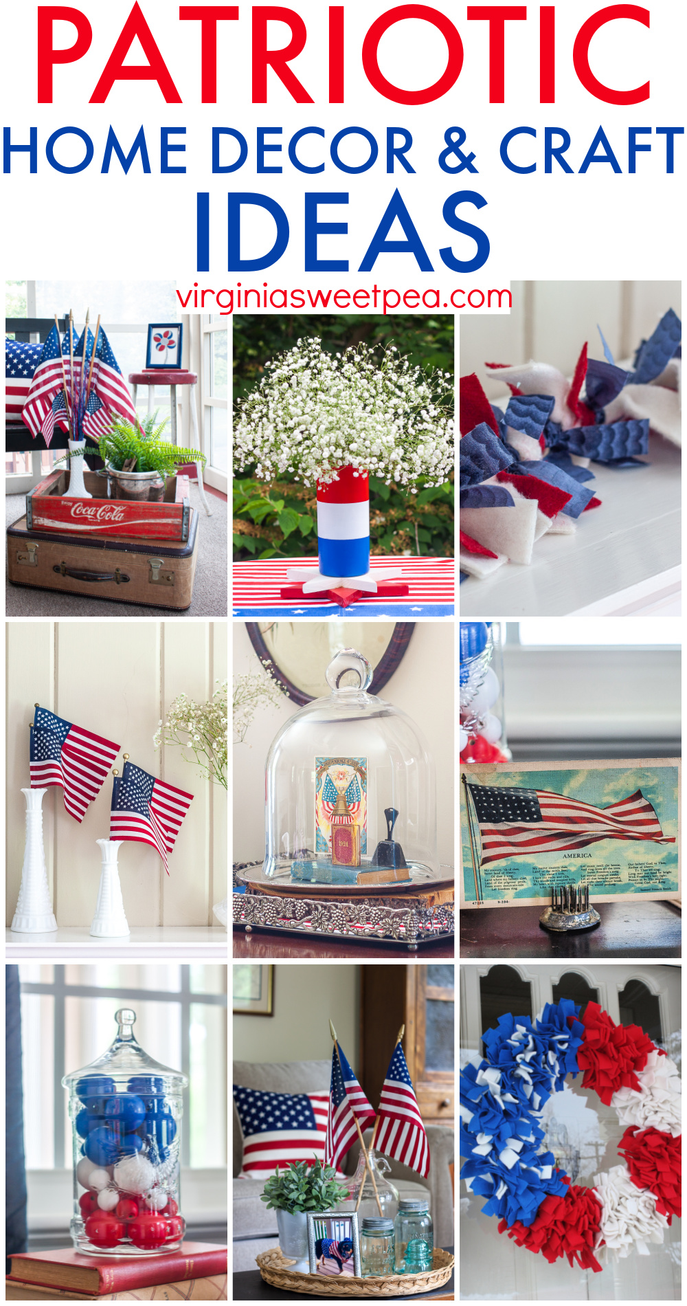 Collage with nine patriotic home decor and craft ideas