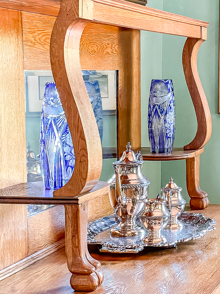 Oak buffet with blue Czec Glass