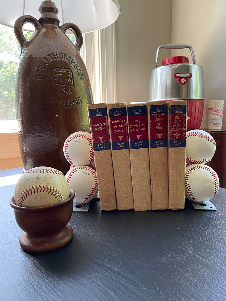 End table decorated with baseballs