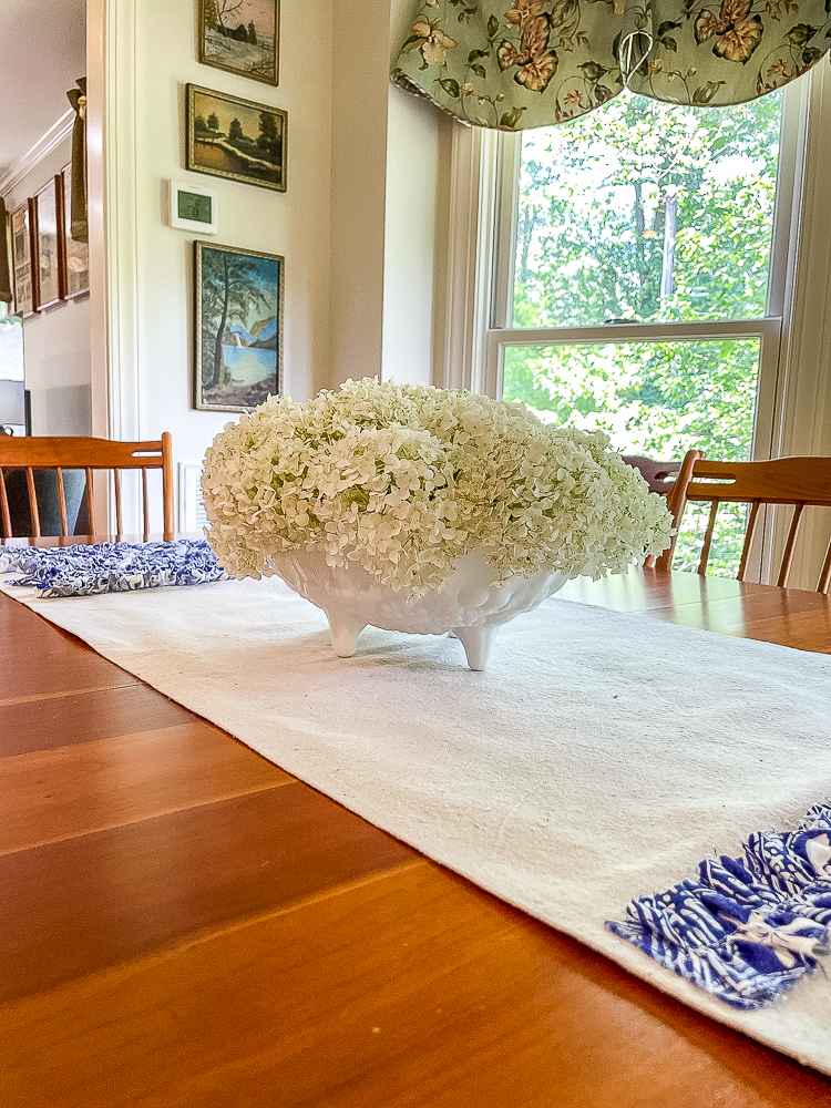 Hydrangea in a milk glass compote