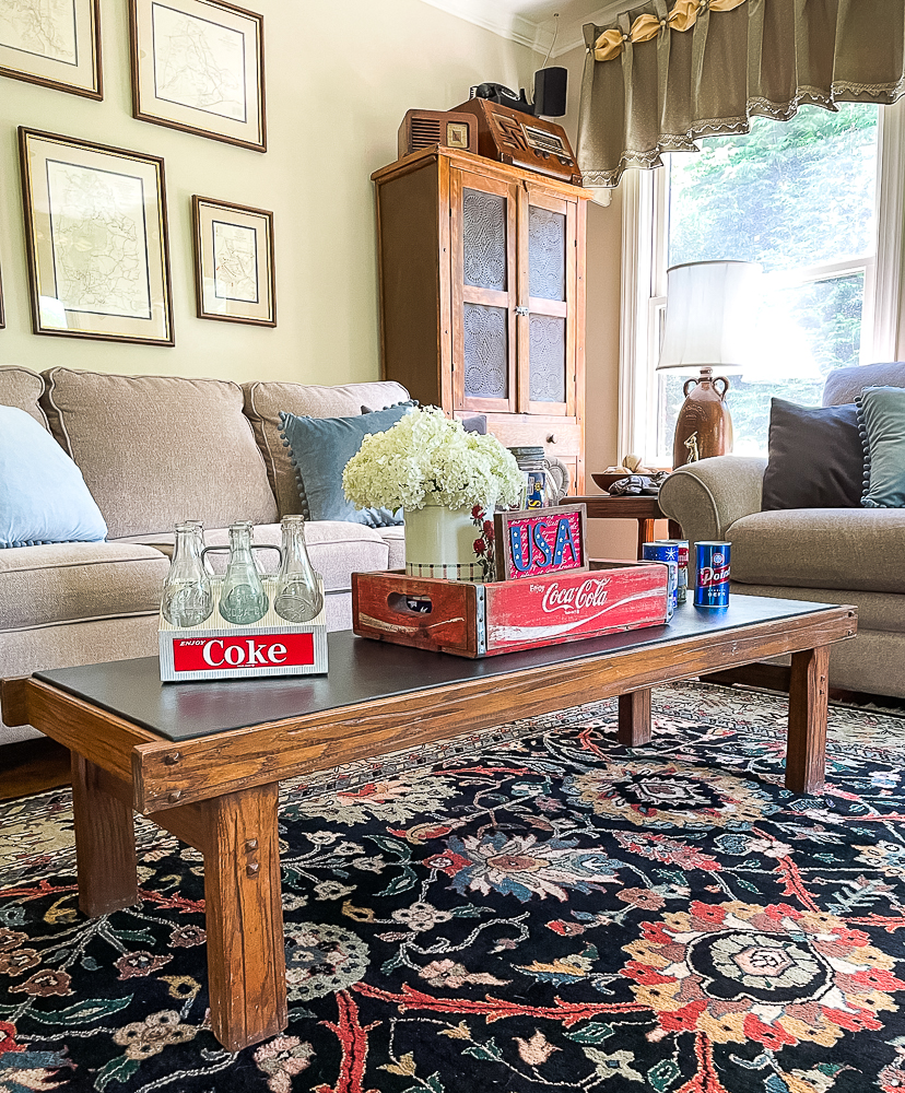 Coffee table decorated with Coke products