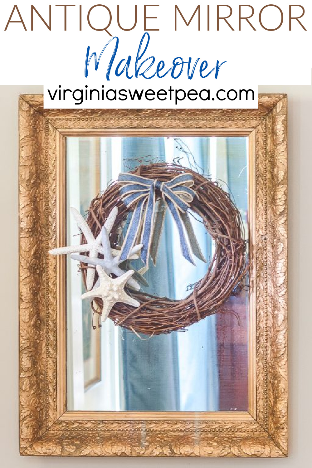 Antique mirror with a gold frame with a wreath decorated in a coastal style