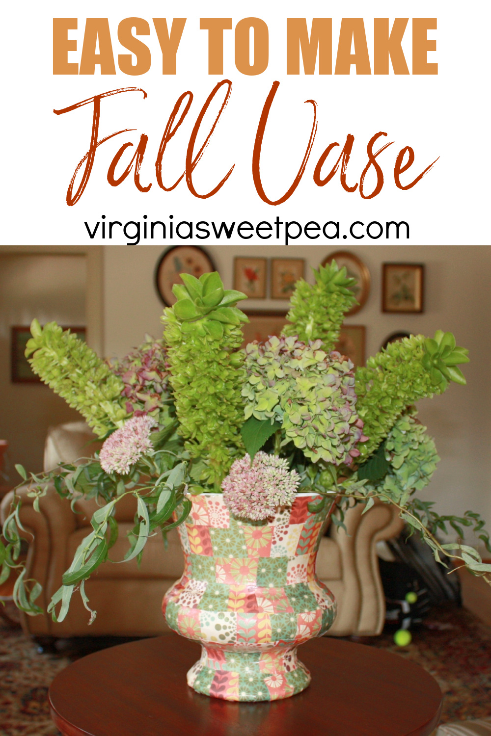 Vase with fall colored scrapbook square glued in a patchwork pattern