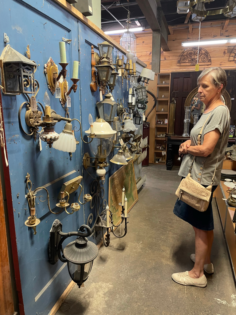 Looking at lighting at Black Dog Salvage in Roanoke, Virginia