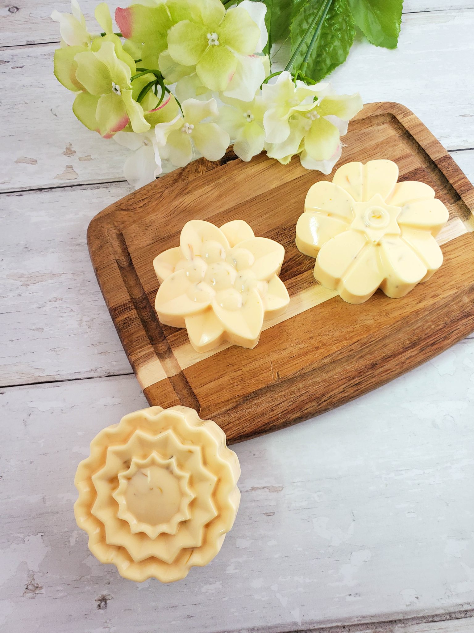 Calendula and Lemongrass Soap on a wood tray