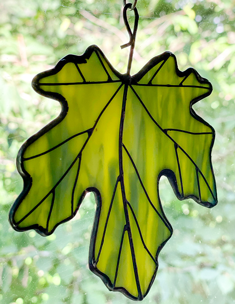 Green stained glass leaf