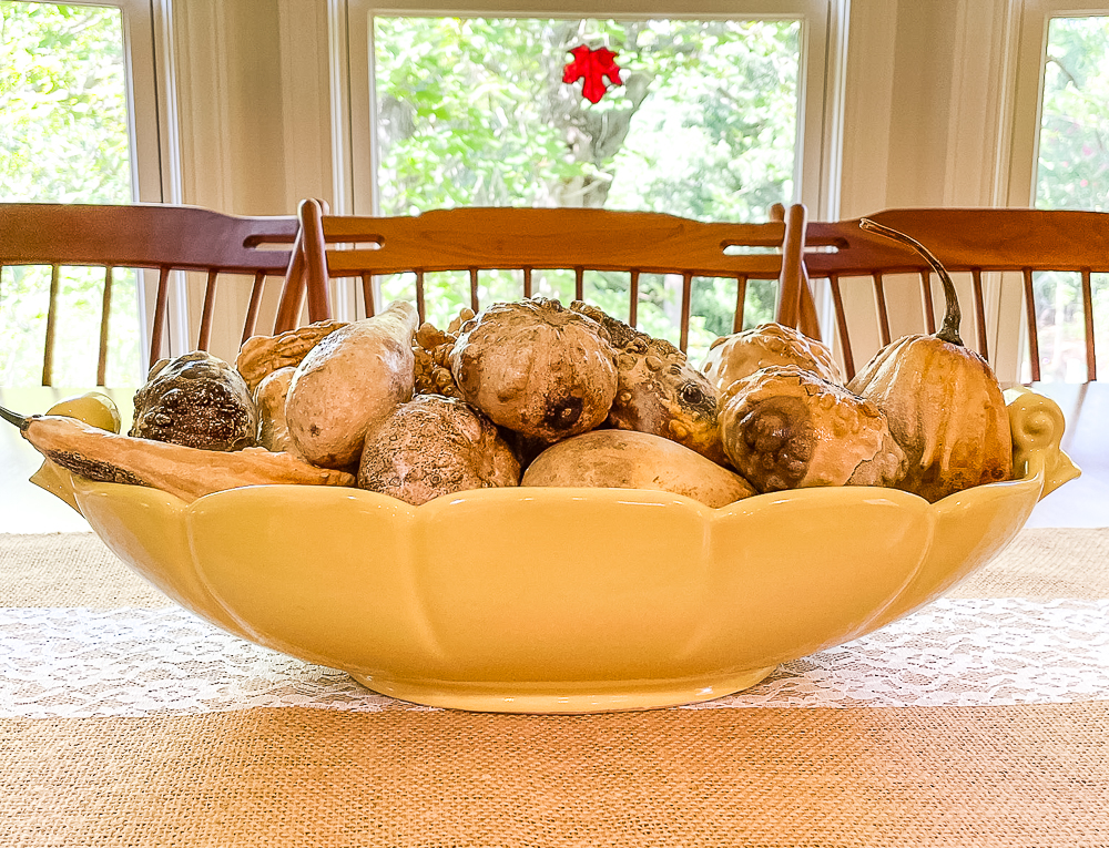 Dried gourds in a vintage McCoy pottery piece.