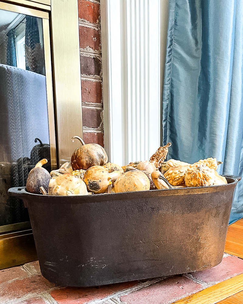 Dried gourds in a black cast iron pot