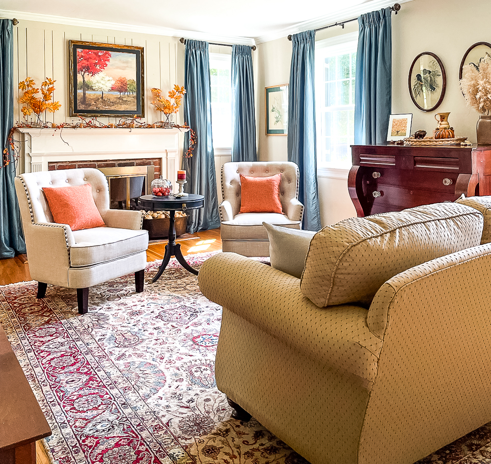 Formal living room decorated for fall