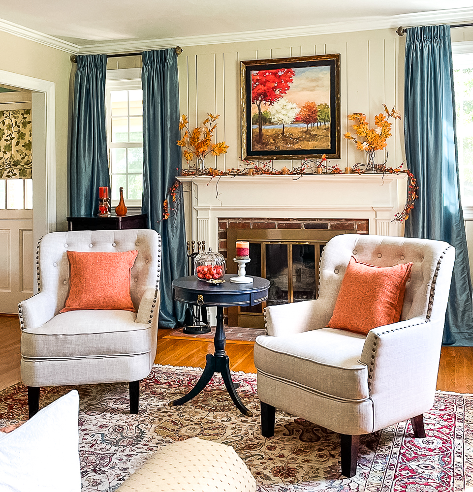 Formal living room decorated for fall