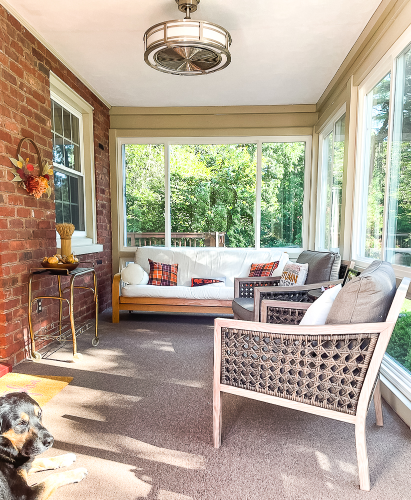 Sunroom decorated for Fall