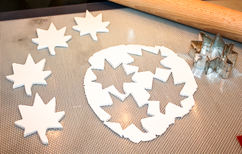 Leaves cut out of Sculpey clay with a cookie cutter