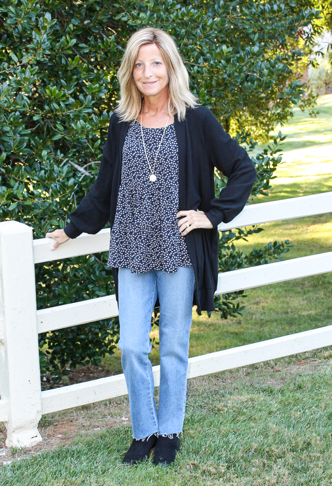 Fashom Les Amis Hope Floral Blouse, Just USA High Rise Straight Jeans, and Natural Life Avery Long Sleeve Cardigan with Pockets