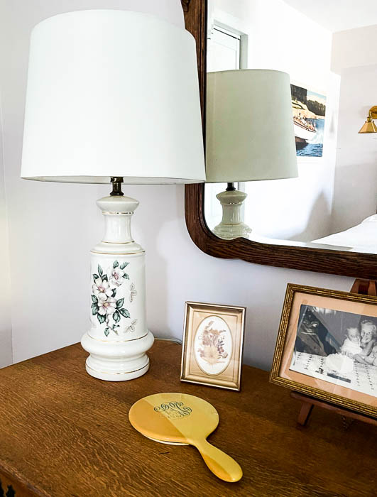 Vintage items decorating an antique oak dresser