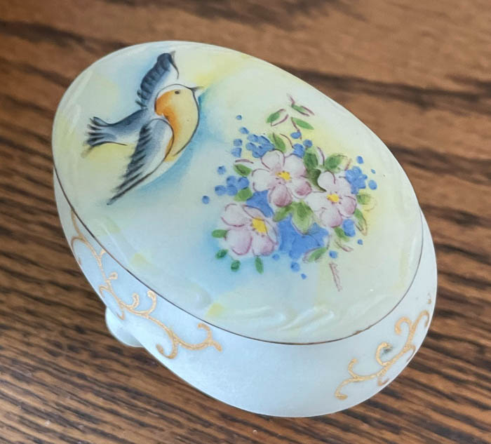 Antique bird and flower lidded container